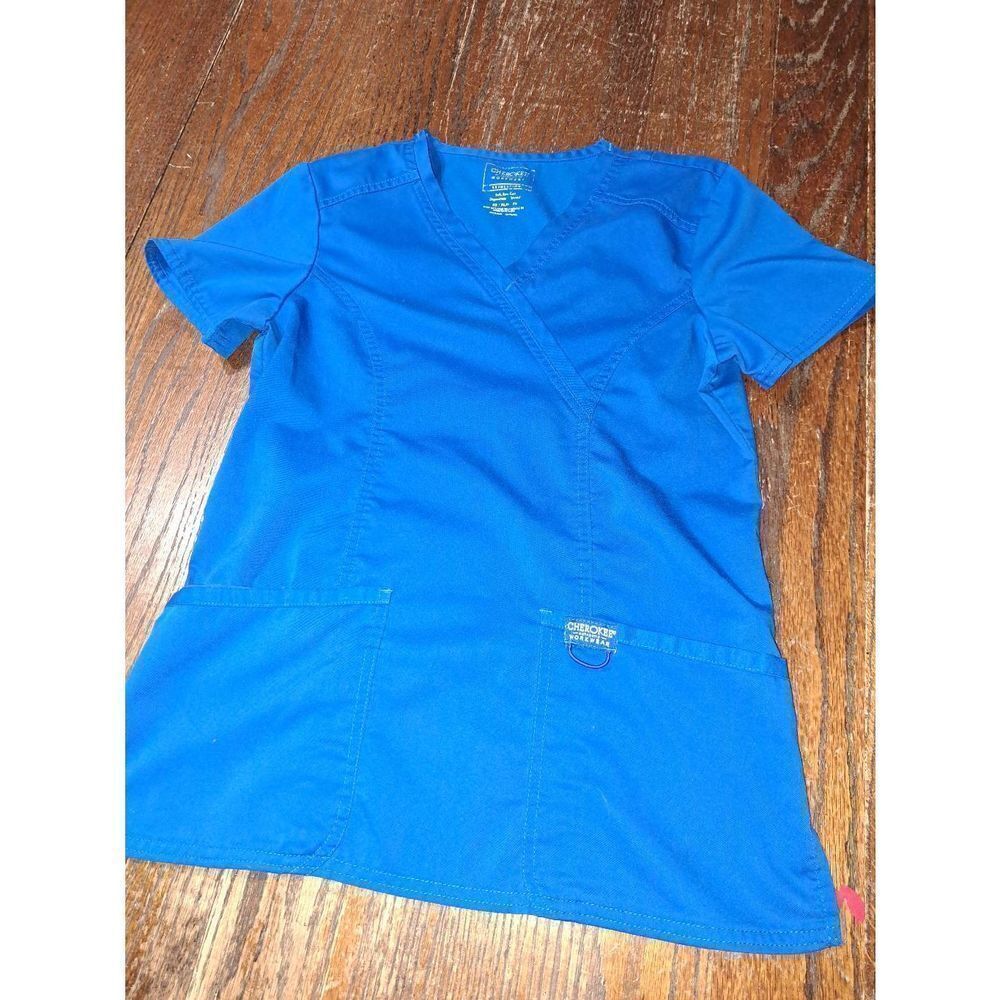 XS Cherokee Workwear Blue Short Sleeve VNeck Pullover Scrub Top Shirt w Pockets
